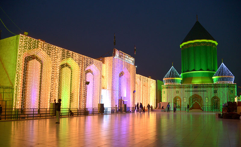 Minhaj-ul-Quran International Central Secretariat decorated with lights